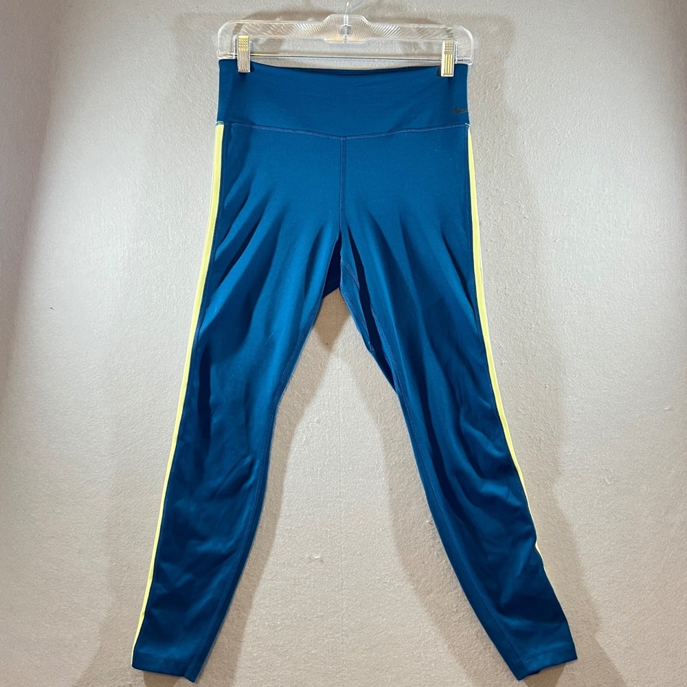 666 Nike One Blue High Rise Logo‎ Tape Training Leggings Teal Blue Womens M